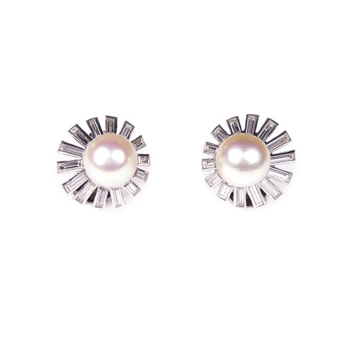   Van Cleef &amp; Arpels - Pair of pearl and baguette diamond cluster earrings | MasterArt